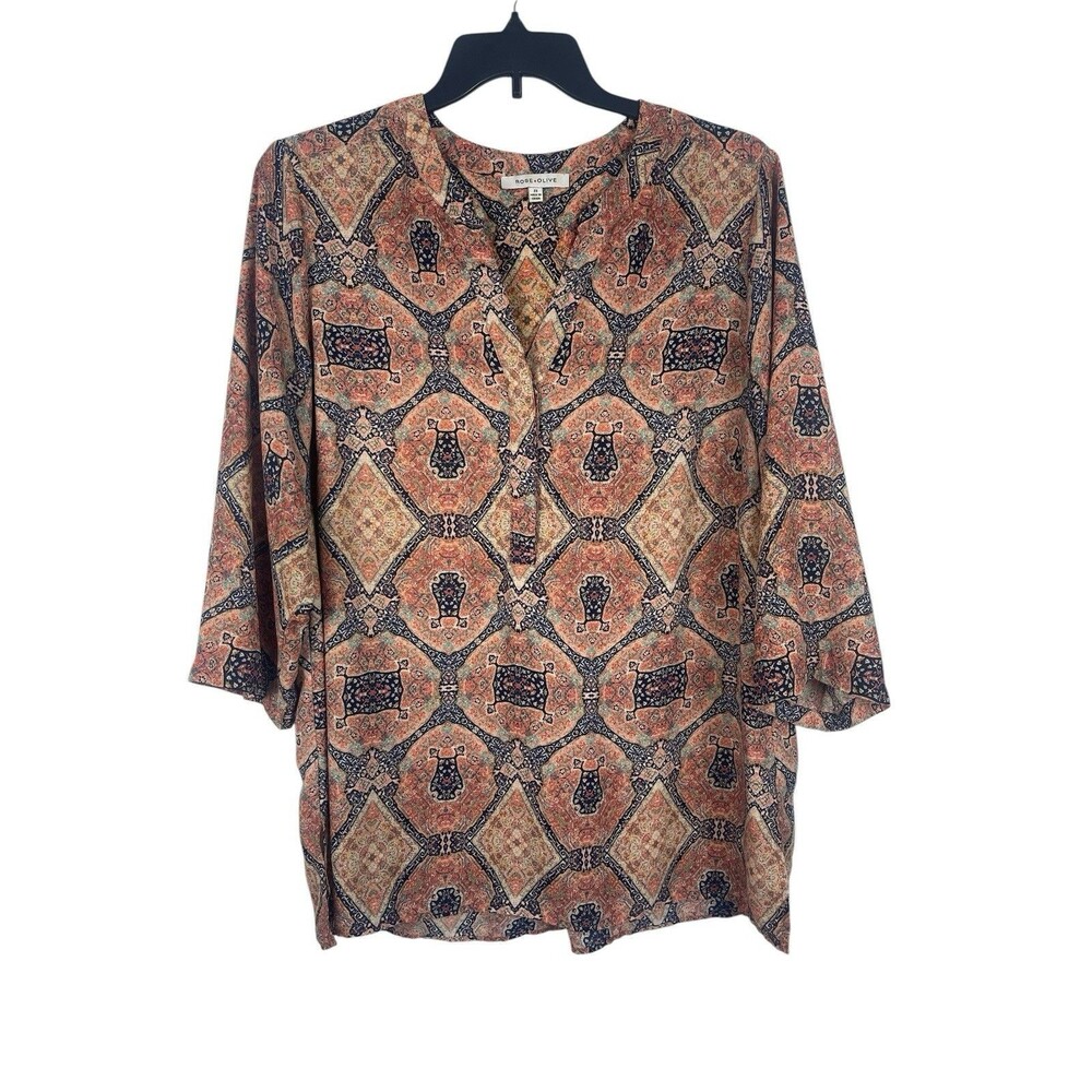 Rose & Olive Earthy Tan Orange Tone Geometric 3/4 Sleeve Sheer Top 2X Tunic